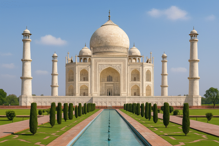 View of the Taj Mahal from Mehtab Bagh gardens at sunset, one of the most peaceful places to visit in Agra.
