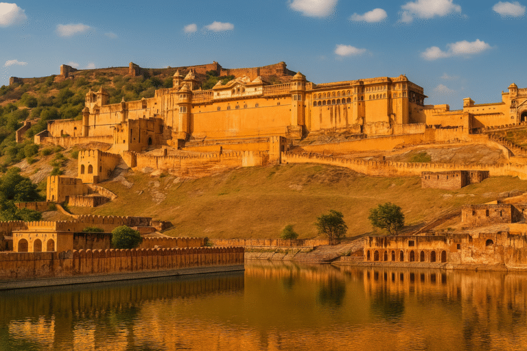 A grand view of the Amber Fort (Amer Fort) in Rajasthan, India, an ancient orange-hued palace and fortress complex built into a hillside, reflected in the calm waters of Maota Lake.