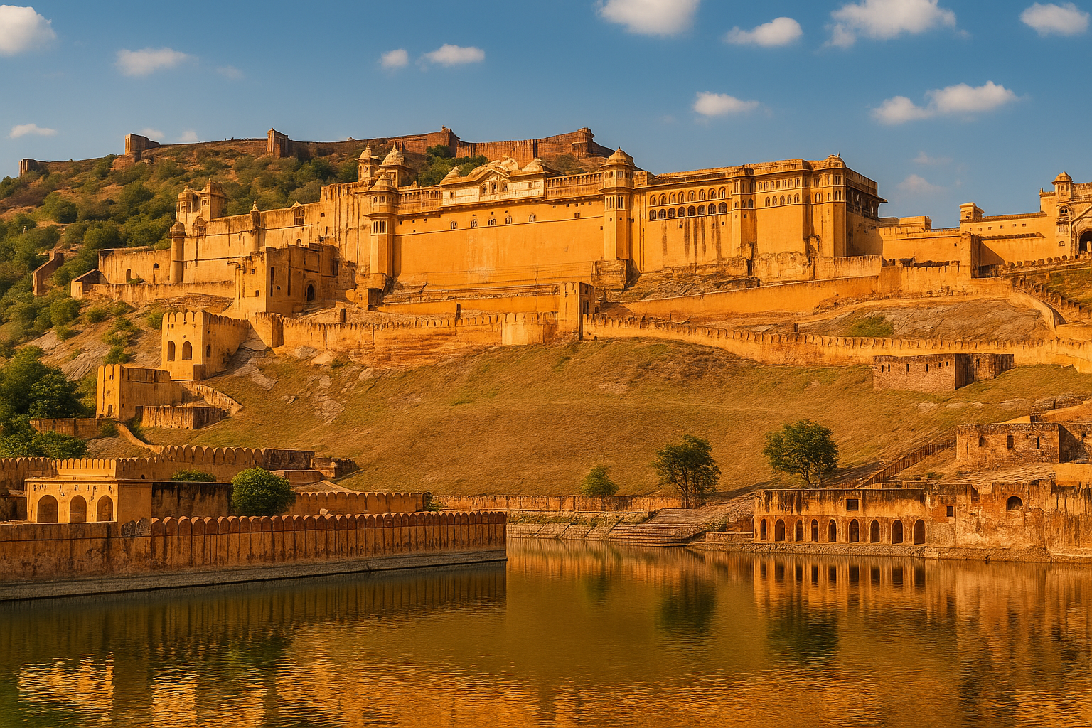 A grand view of the Amber Fort (Amer Fort) in Rajasthan, India, an ancient orange-hued palace and fortress complex built into a hillside, reflected in the calm waters of Maota Lake.