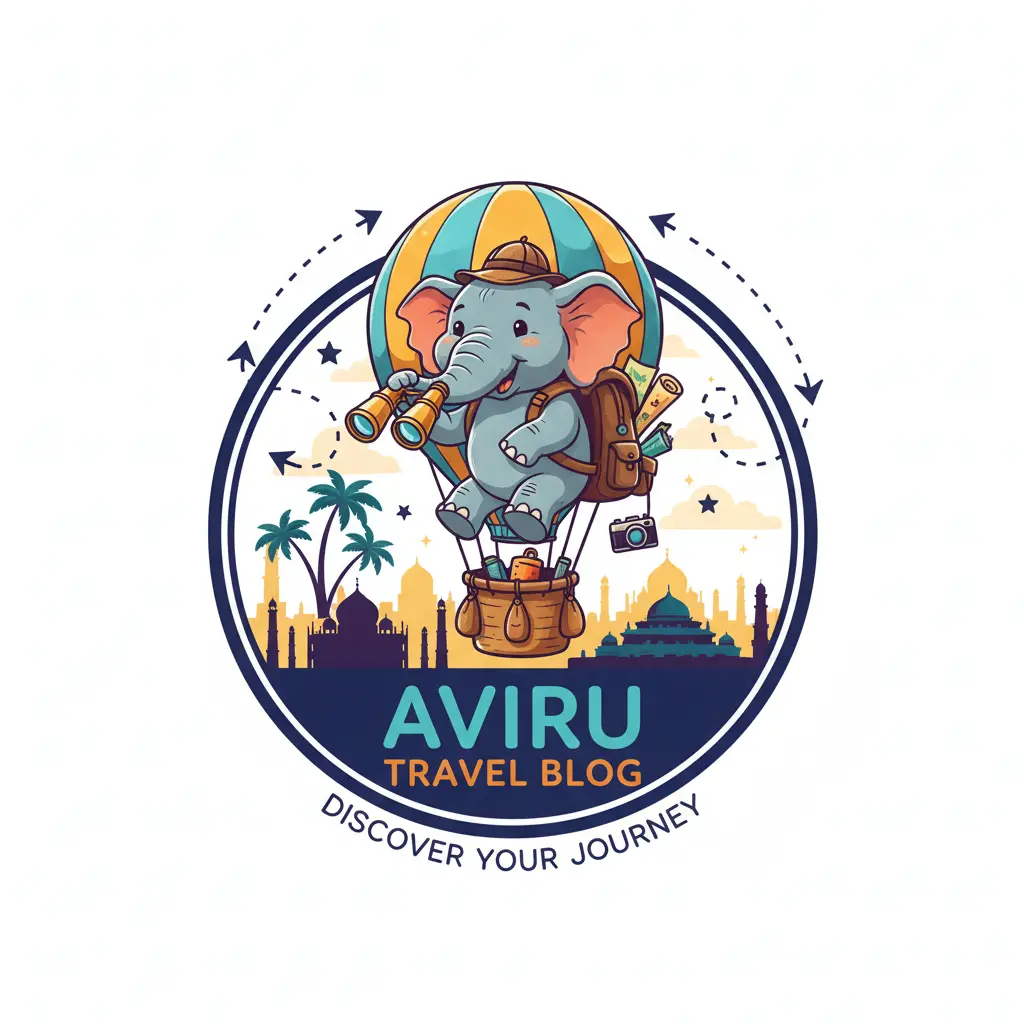 Official logo for Aviru Travel Blog, featuring a cartoon elephant with binoculars in a hot air balloon, exploring an Indian skyline. Text reads "AVIRU TRAVEL BLOG - DISCOVER YOUR JOURNEY".