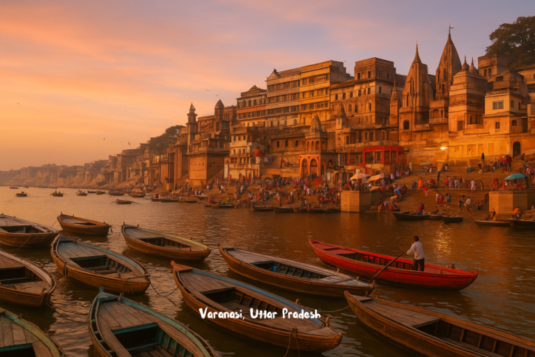 Priests performing the famous evening Ganga Aarti ceremony at Dashashwamedh Ghat, one of the most spiritual places to visit in Varanasi.