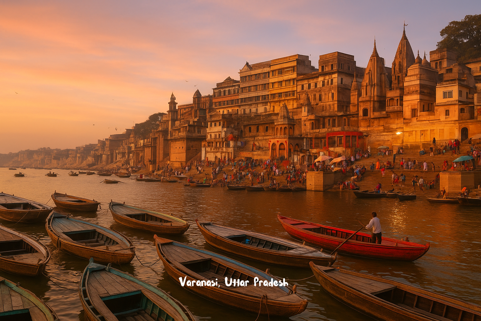 Priests performing the famous evening Ganga Aarti ceremony at Dashashwamedh Ghat, one of the most spiritual places to visit in Varanasi.